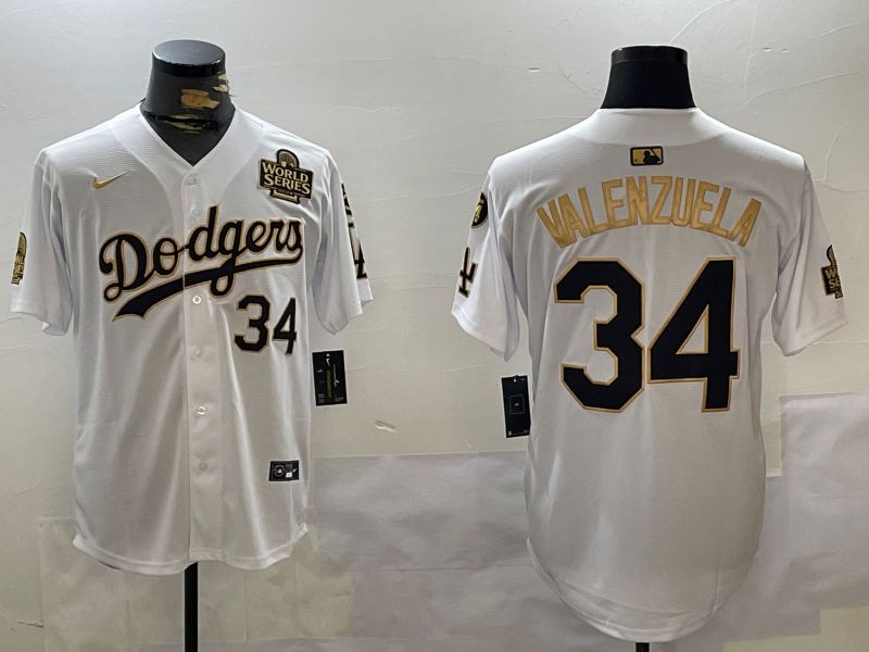Men Los Angeles Dodgers 34 Valenzuela White Gold Game 2024 Nike MLB Jersey style 11202